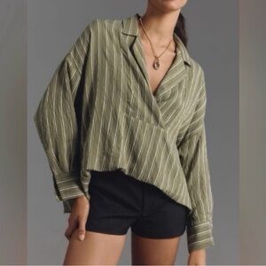 NWT By Anthropologie Dylon Short Sleeve Wide Placket Stripe Top Green Small